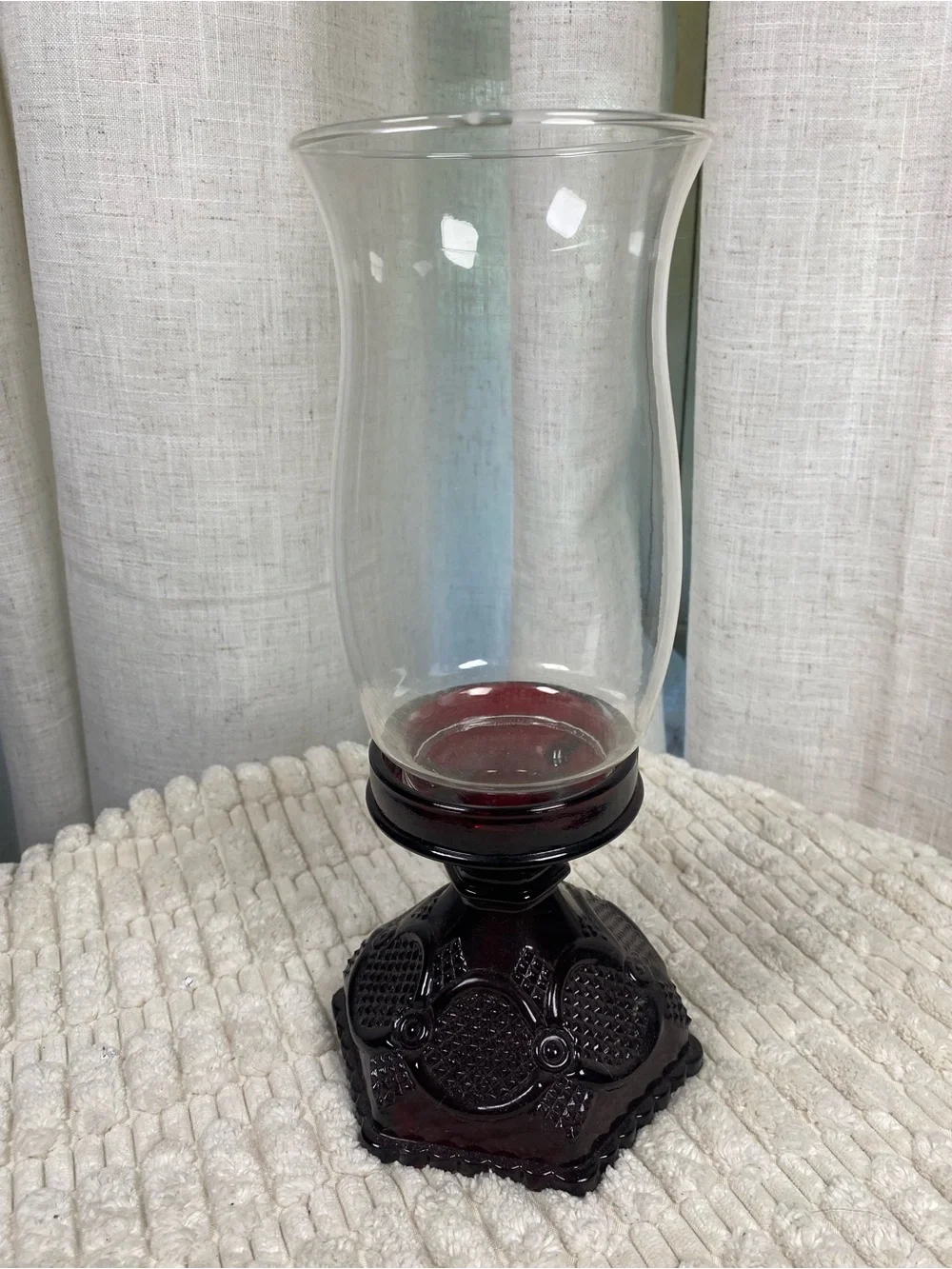 Vintage Avon 1876 Cape Cod Ruby Red Glass Hurricane Lamp & Clear Globe Chimney